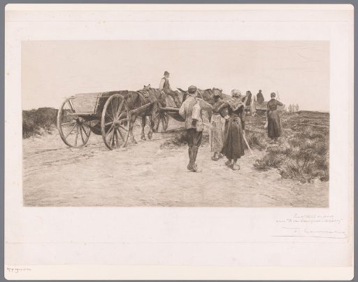 Farm labourers on a path with carts and tools