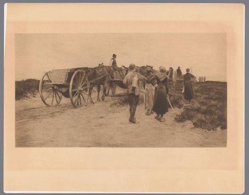 Farm labourers on a path with carts and tools