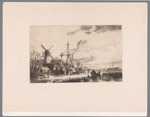 Boats moored by a mill along a frozen canal in the Netherlands, next to a tent on the ice