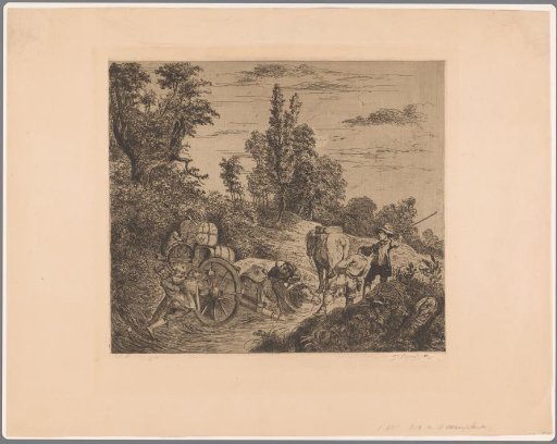 Landscape with a wagon stuck in the water being hauled ashore by a group of men