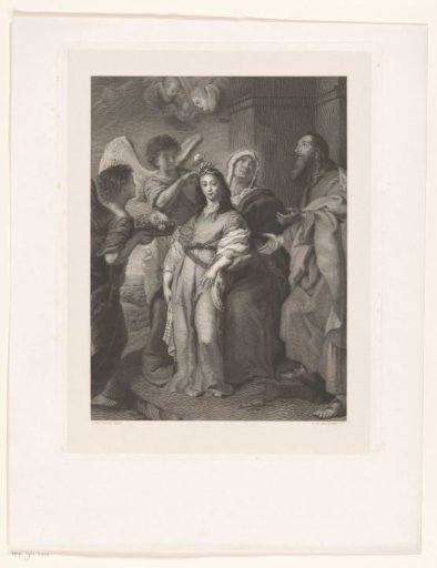 Mary as a young woman, adorned by angels in the presence of Joachim and Anna