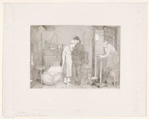 Interior of a fisherman's house with a mourning couple beside an empty cradle