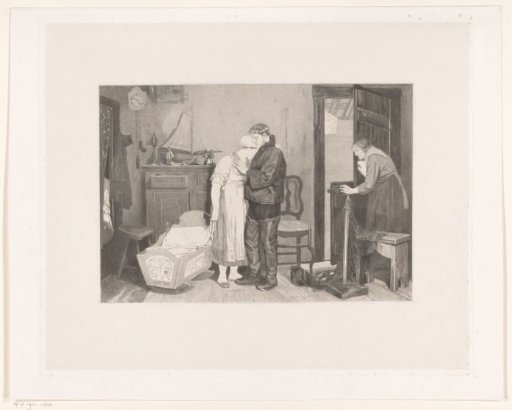 Interior of a fisherman's house with a mourning couple beside an empty cradle