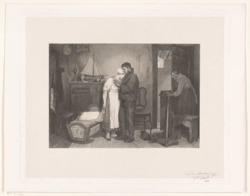 Interior of a fisherman's house with a mourning couple beside an empty cradle