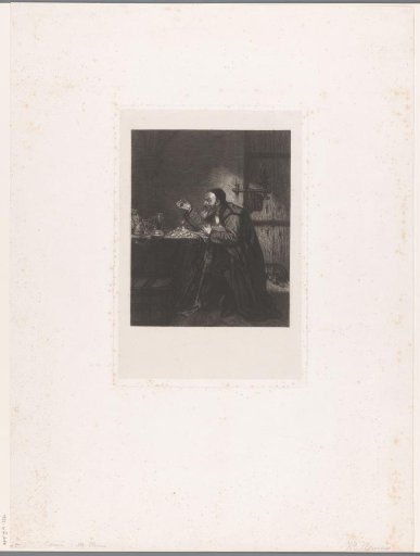 Old man with a chest of coins in an interior