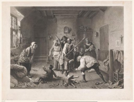 Hunt for a rat by a group of people in an interior