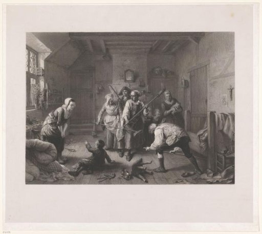 Hunt for a rat by a group of people in an interior