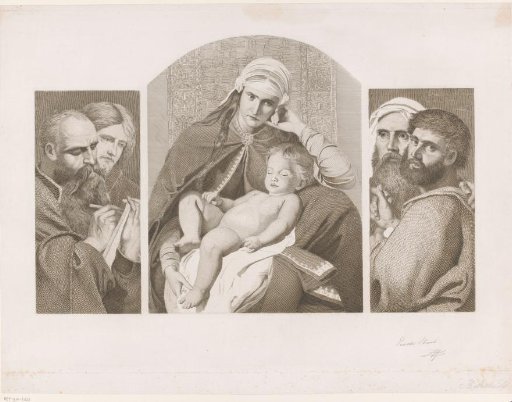 Triptych with four apostles and, in the center, Mary with the Christ Child on her lap