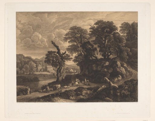 Landscape with animals and figures on a road along a river