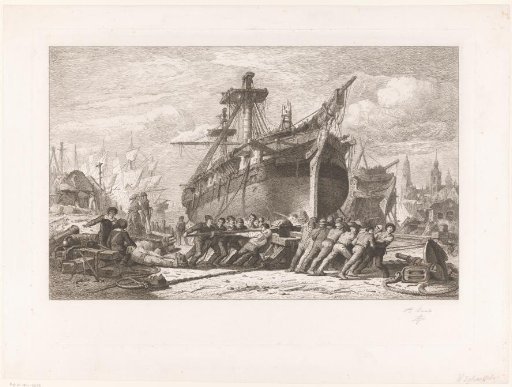 Shipyard with men turning a capstan