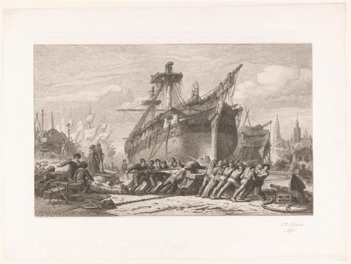 Shipyard with men turning a capstan