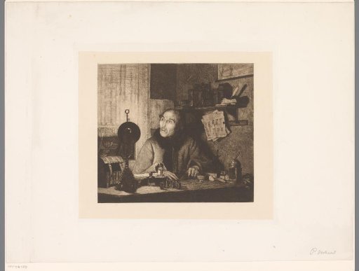 Man weighing valuables by lamplight