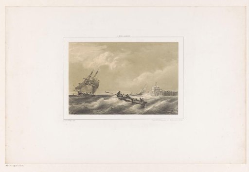 Sailing ship and rowboat at sea
