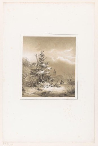 Winter landscape with coniferous trees and a man with a sled
