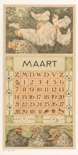 Calendar page March with chickens in the rain