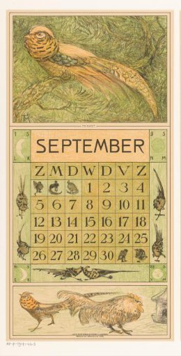 Calendar page September with golden pheasant