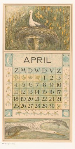 Calendar page April with stork on the nest