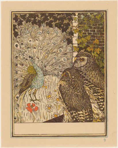 Strutting peacock and two owls