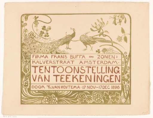 Exhibition poster with a peacock and a pheasant for an exhibition by Theo van Hoytema at Firma Frans Buffa en Zonen in Amsterdam in 1896
