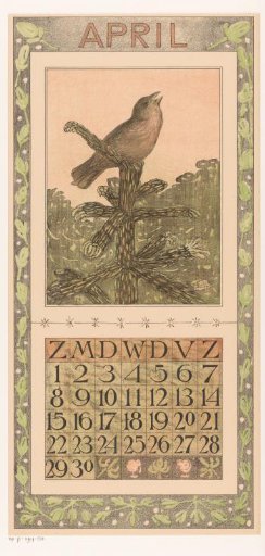 Calendar leaf with singing bird