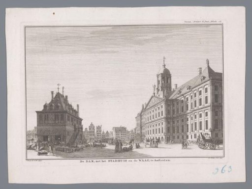View of the Dam in Amsterdam with the Town Hall and the Waag