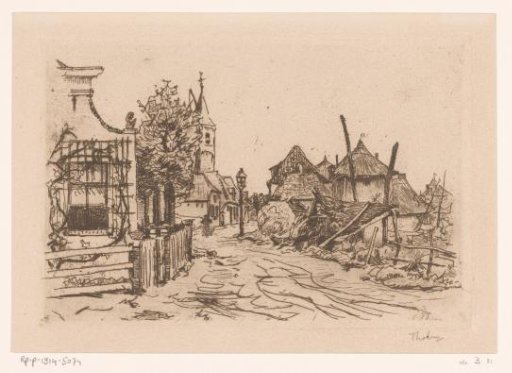 Village street with houses, church tower and haystack