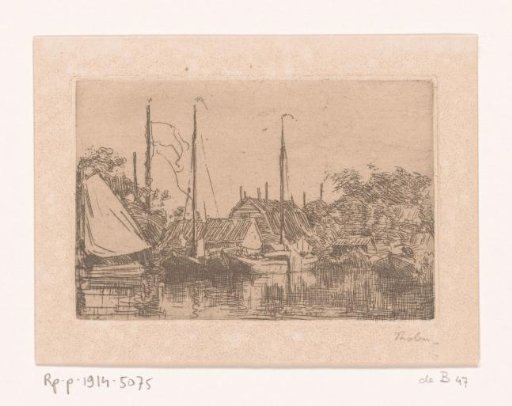 Moored boats, trees and houses on the water's edge
