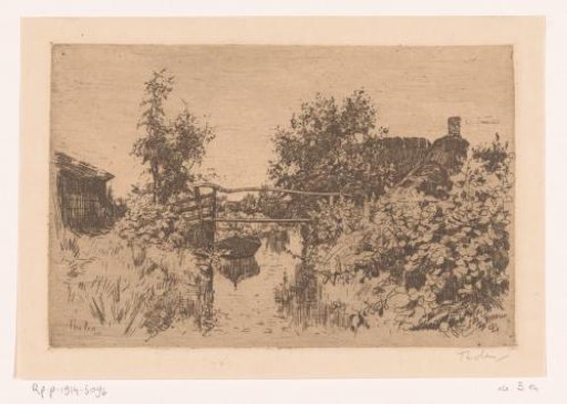 Bridge over a canal in a landscape with trees, houses and shrubbery