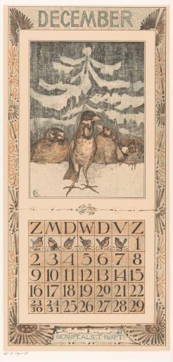 Calendar leaf with sparrows in the snow
