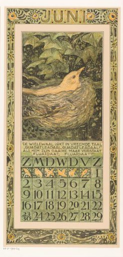 Calendar leaf with brooding bird