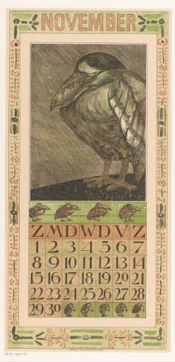 Calendar page November with bird in the rain