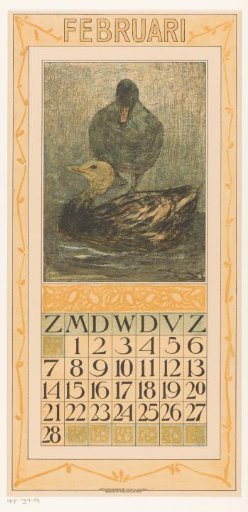 Calendar page February with standing and swimming duck