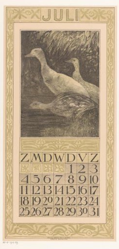 Calendar page July with three ducks at the water's edge