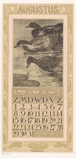 Calendar page August with three swimming ducks