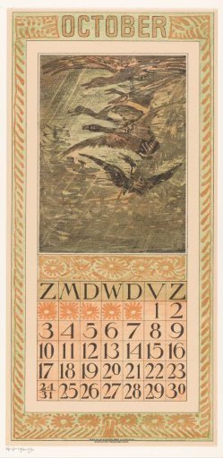 Calendar page October with flying ducks