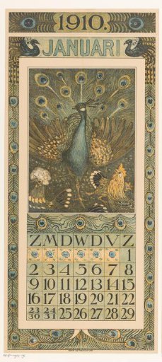 Calendar page January with peacock and chickens