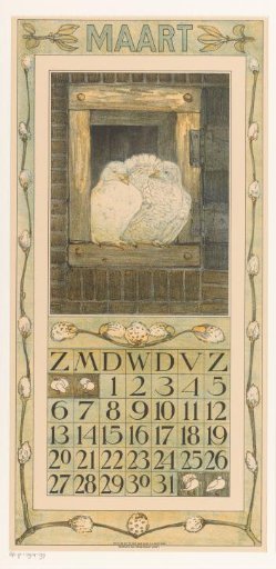 Calendar page March with two white pigeons