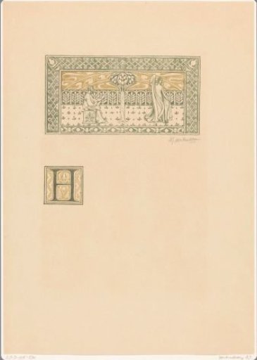 Initial H and vignette with two figures in a garden