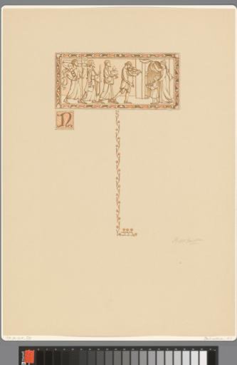 Procession of four men past a woman and child