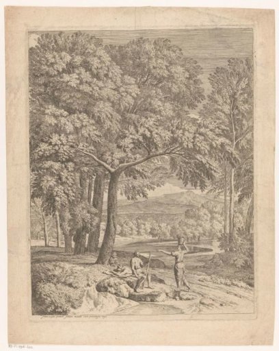 Arcadian landscape with two men and a woman carrying a basket