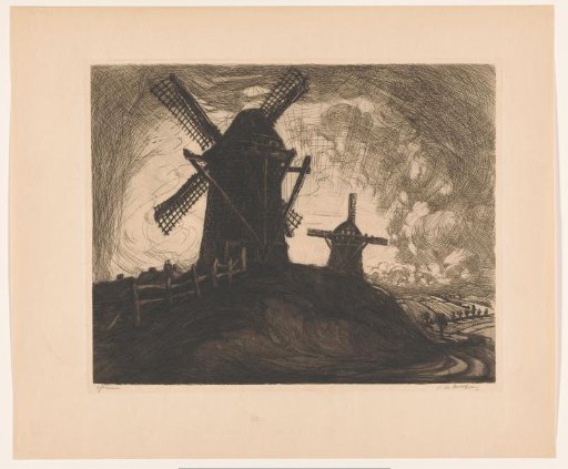 Hilly landscape with two windmills