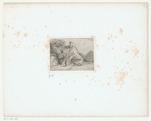 Swineherd in front of a farm