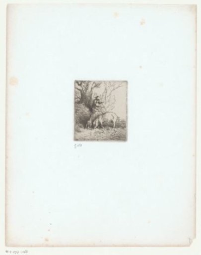 Swineherd with two pigs under a tree