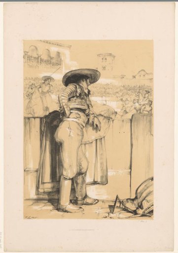 Bullfighter watching a bullfight in the arena