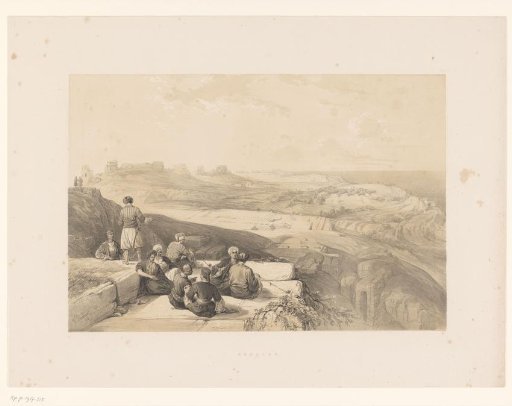 View of Ashkelon with a group of pipe-smoking men in the foreground