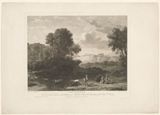 Landscape with a herd of cattle and goats driven through the water