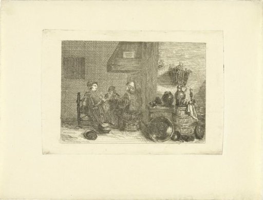 Three Figures Eating by the Fireplace