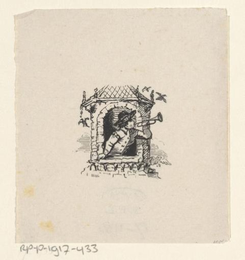 Man Leaning from a Tower Window and Blowing a Trumpet
