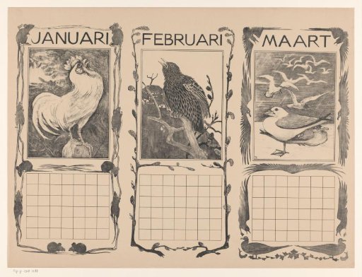 Calendar Sheets of January, February and March, with Birds