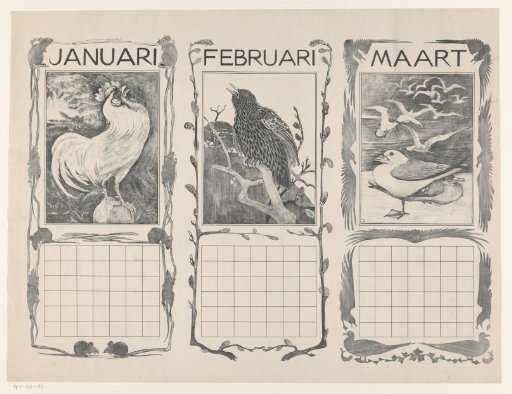 Calendar Sheets of January, February and March, with Birds